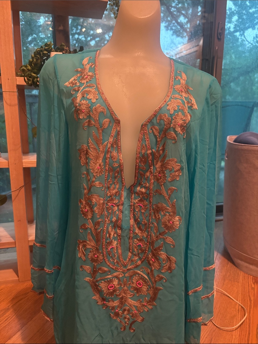 Ella Moss Turquoise Swim Coverup with Gold Embroidery